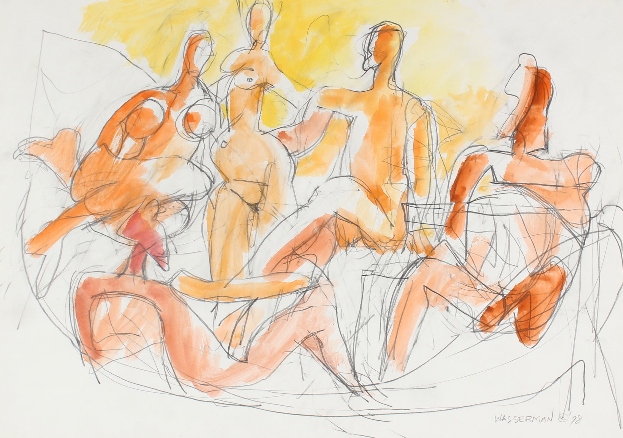 Expressionist Figures in Orange<br>Circa 1998 Gouache and Graphite <br><br>#86593