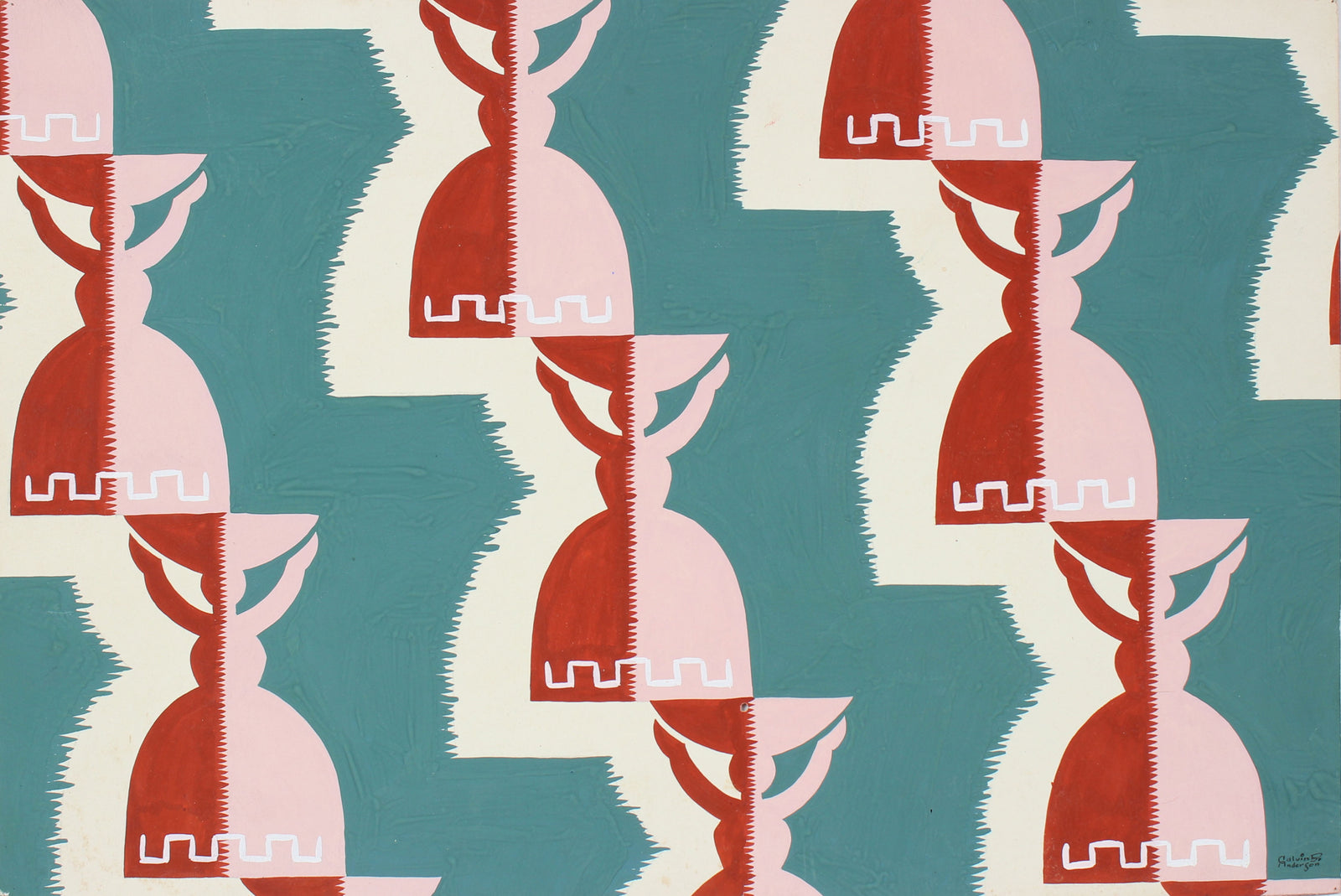 Abstracted Figure Pattern <br>Mid Century Gouache <br><br>#97529