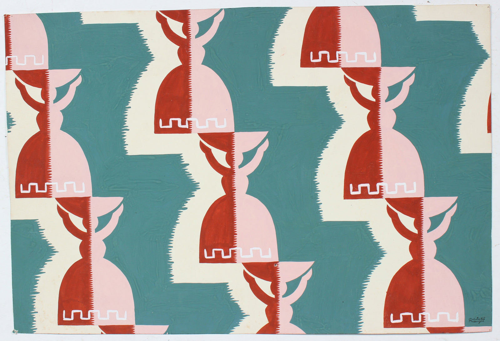Abstracted Figure Pattern <br>Mid Century Gouache <br><br>#97529