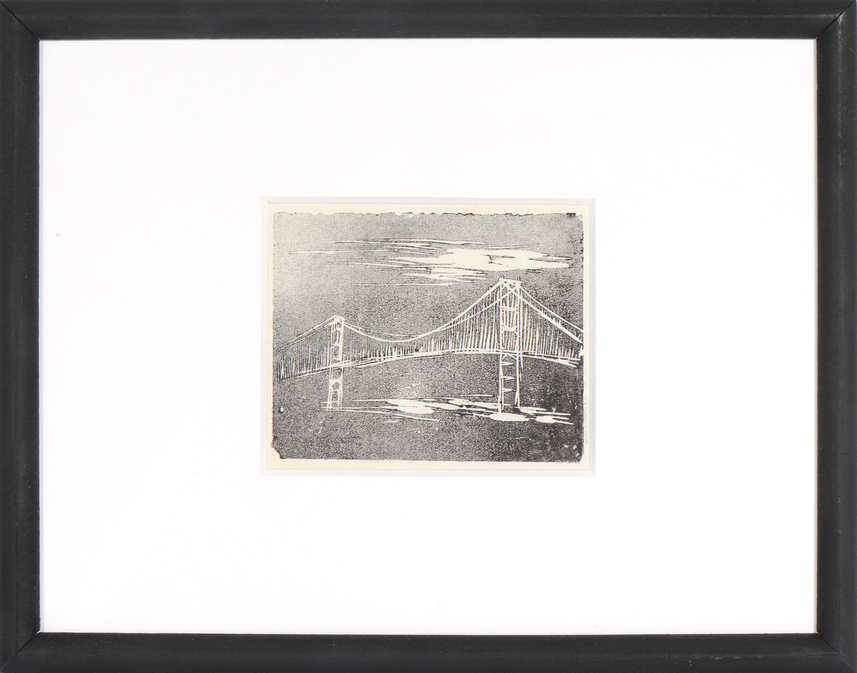 Golden Gate Bridge in Monochrome &lt;br&gt;1960s Linoleum Block Print &lt;br&gt;&lt;br&gt;#C4031