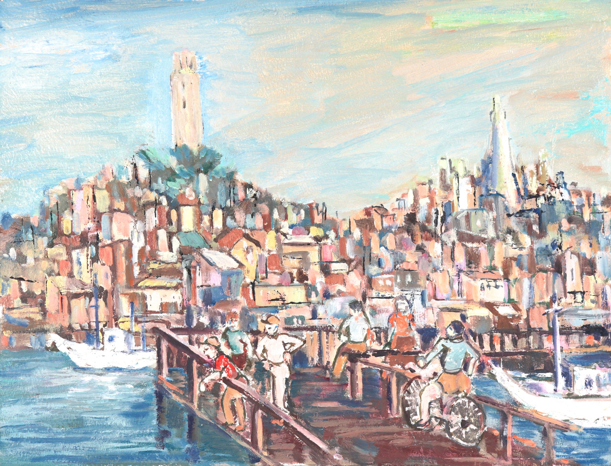 Stylized View of Telegraph Hill<br> Mid 20th Century Oil <br><br>#C4126