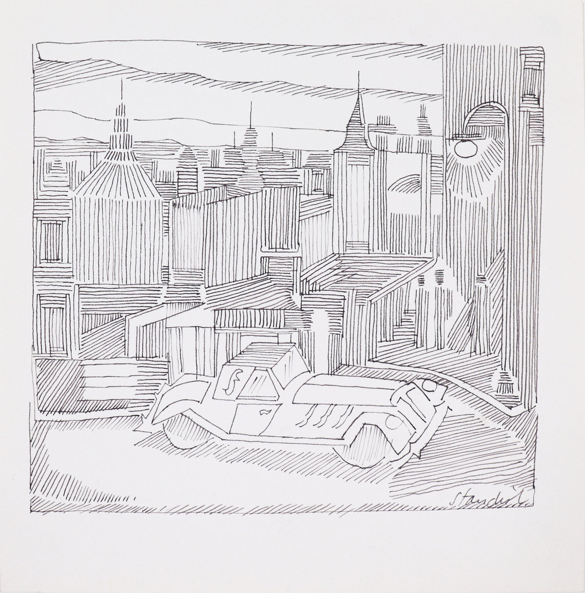 Stylized City with 1920-30s Car &lt;br&gt;20th Century Ink &lt;br&gt;&lt;br&gt;#C4499