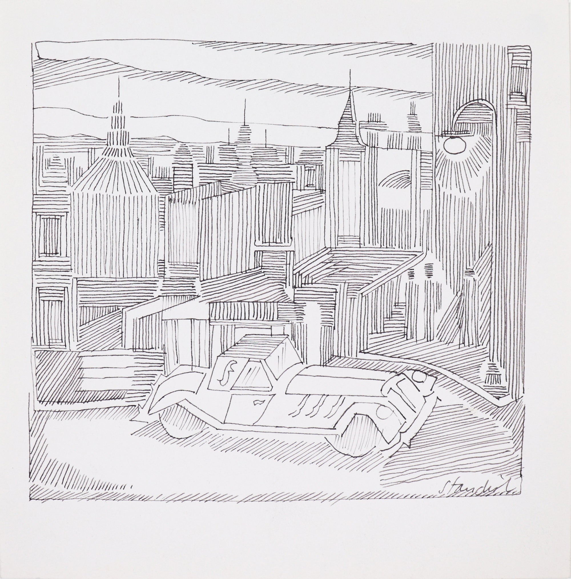 Stylized City with 1920-30s Car <br>20th Century Ink <br><br>#C4499