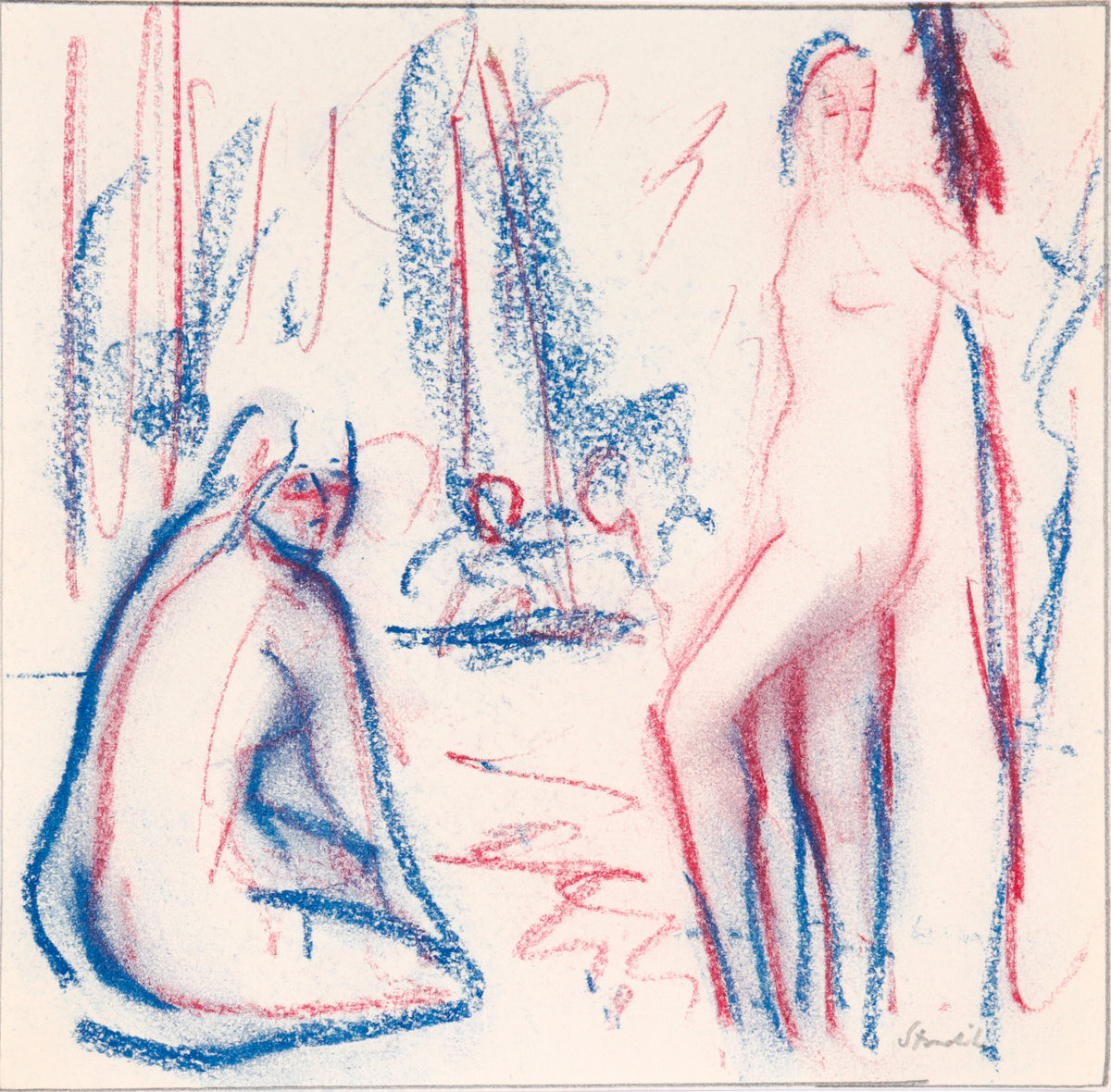 Red &amp; Blue Figurative Pair &lt;br&gt;20th Century Pastel &lt;br&gt;&lt;br&gt;#C4527