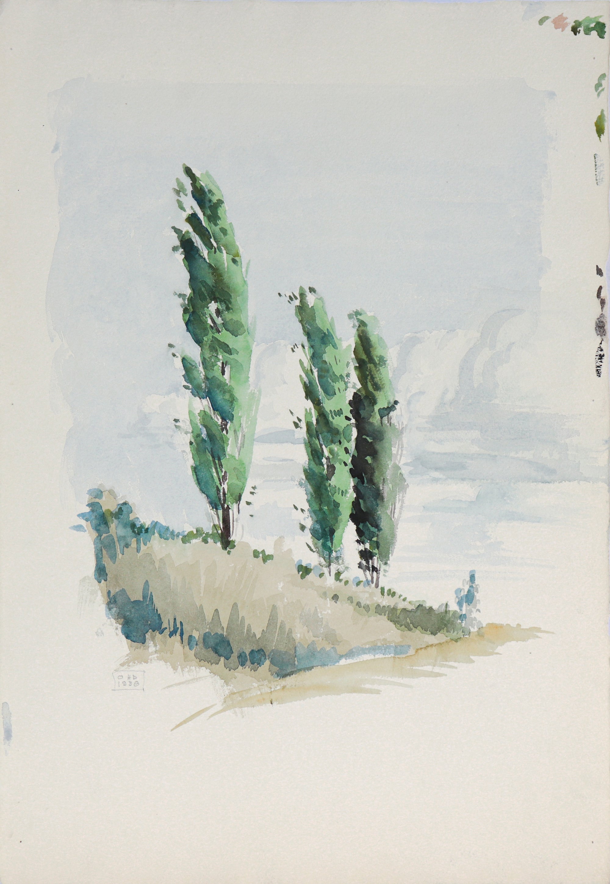 Windswept Trees on a Hillside<br>1938 Watercolor<br><br>#C5521