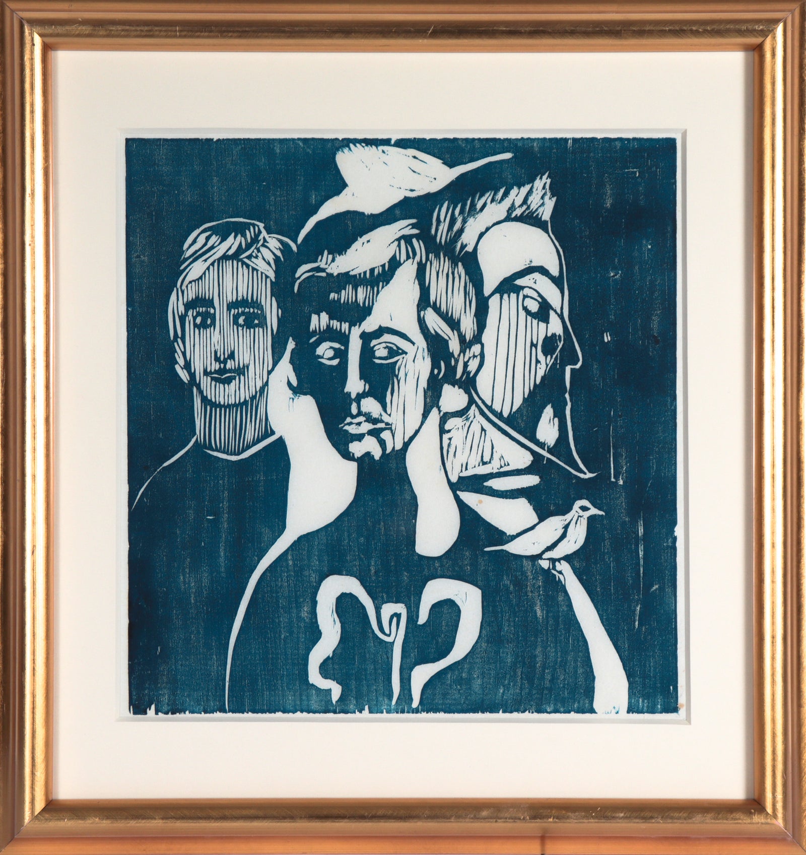 Artist's Self Portrait in Blue <br>Late 20th Century Woodblock Print <br><br>#C7244