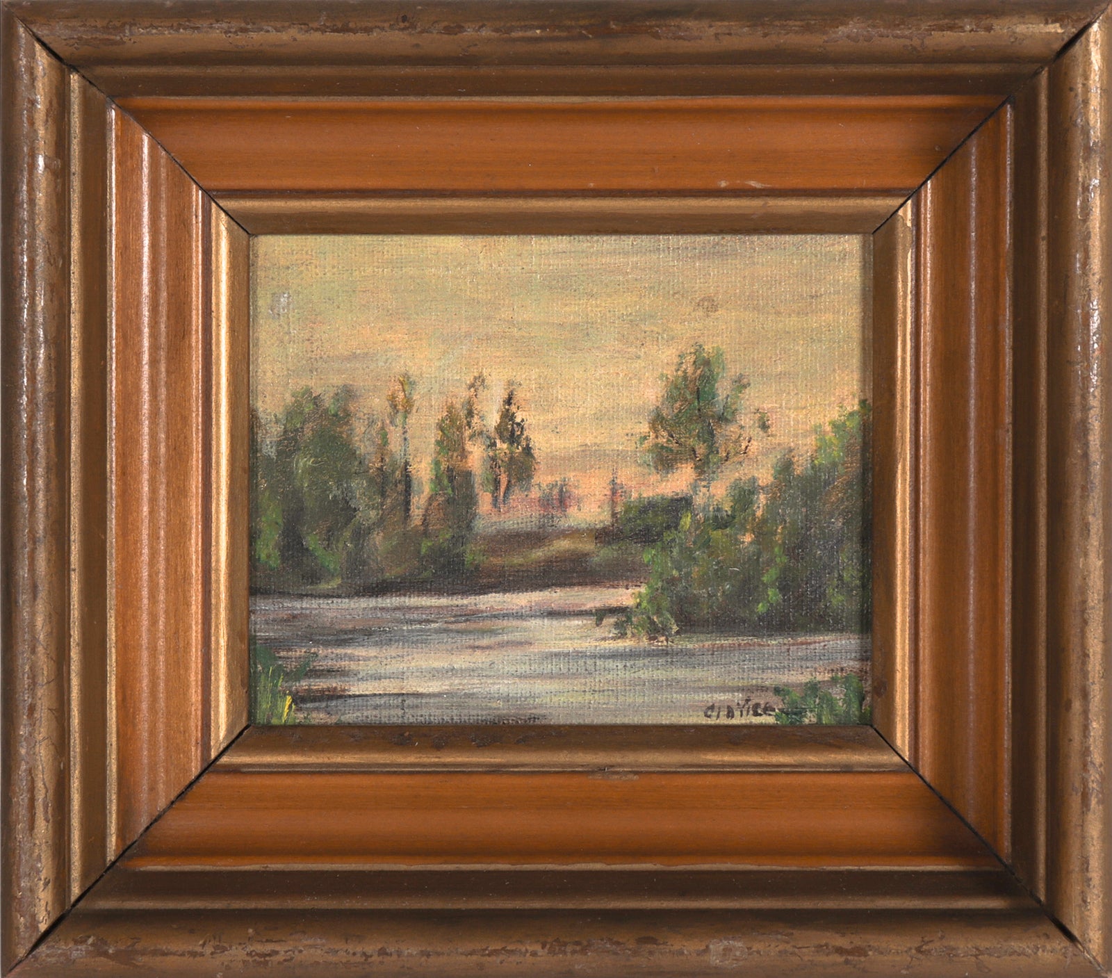 Crepuscular Lakeside Landscape <br>Mid 20th Century Oil <br><br>#C7598