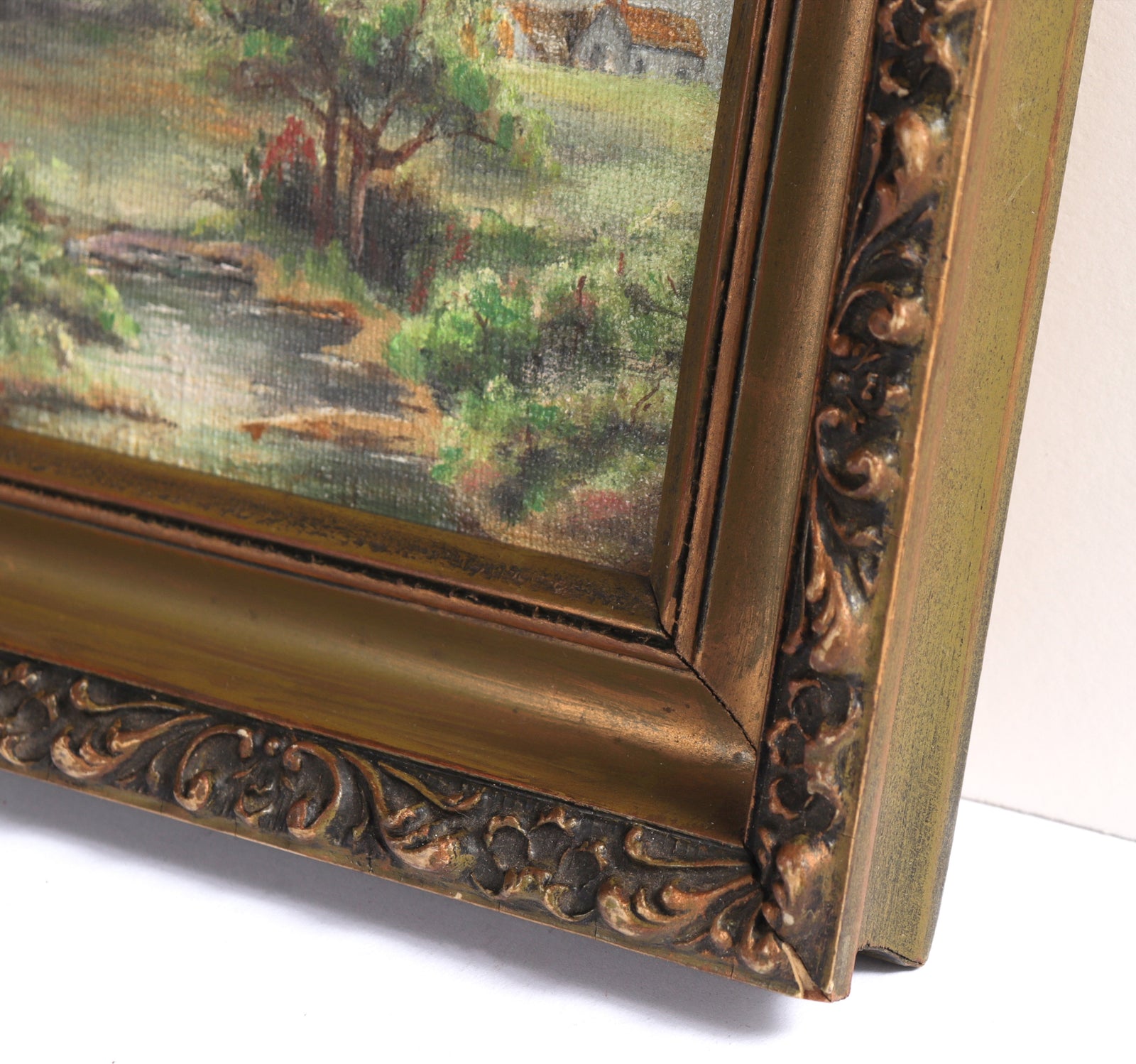 Peaceful Green Creekside Landscape <br>Mid 20th Century Oil <br><br>#C7601
