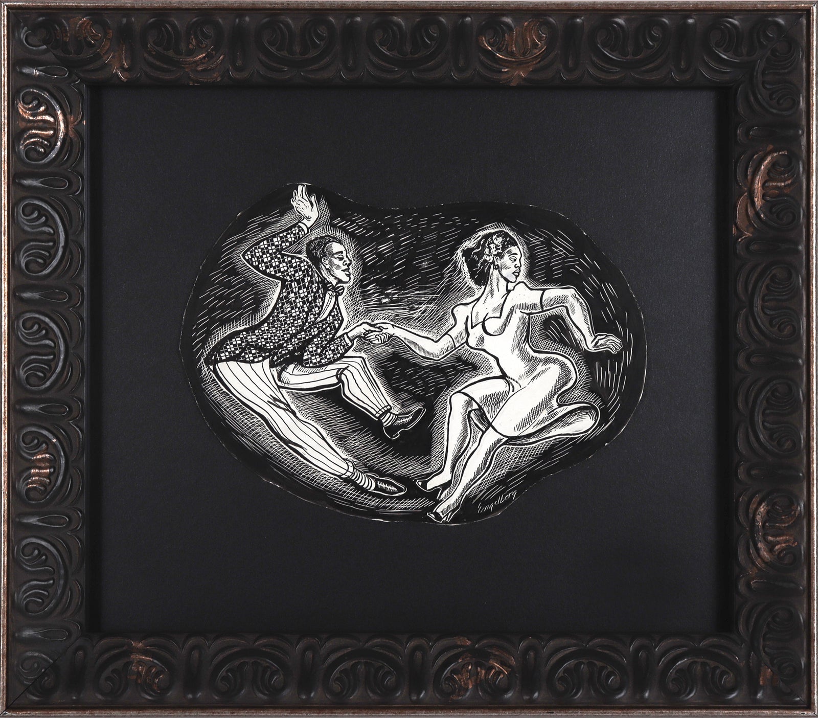 Lindy Hop Dancers <br>1930's Linoleum Block Print <br><br>#C7850