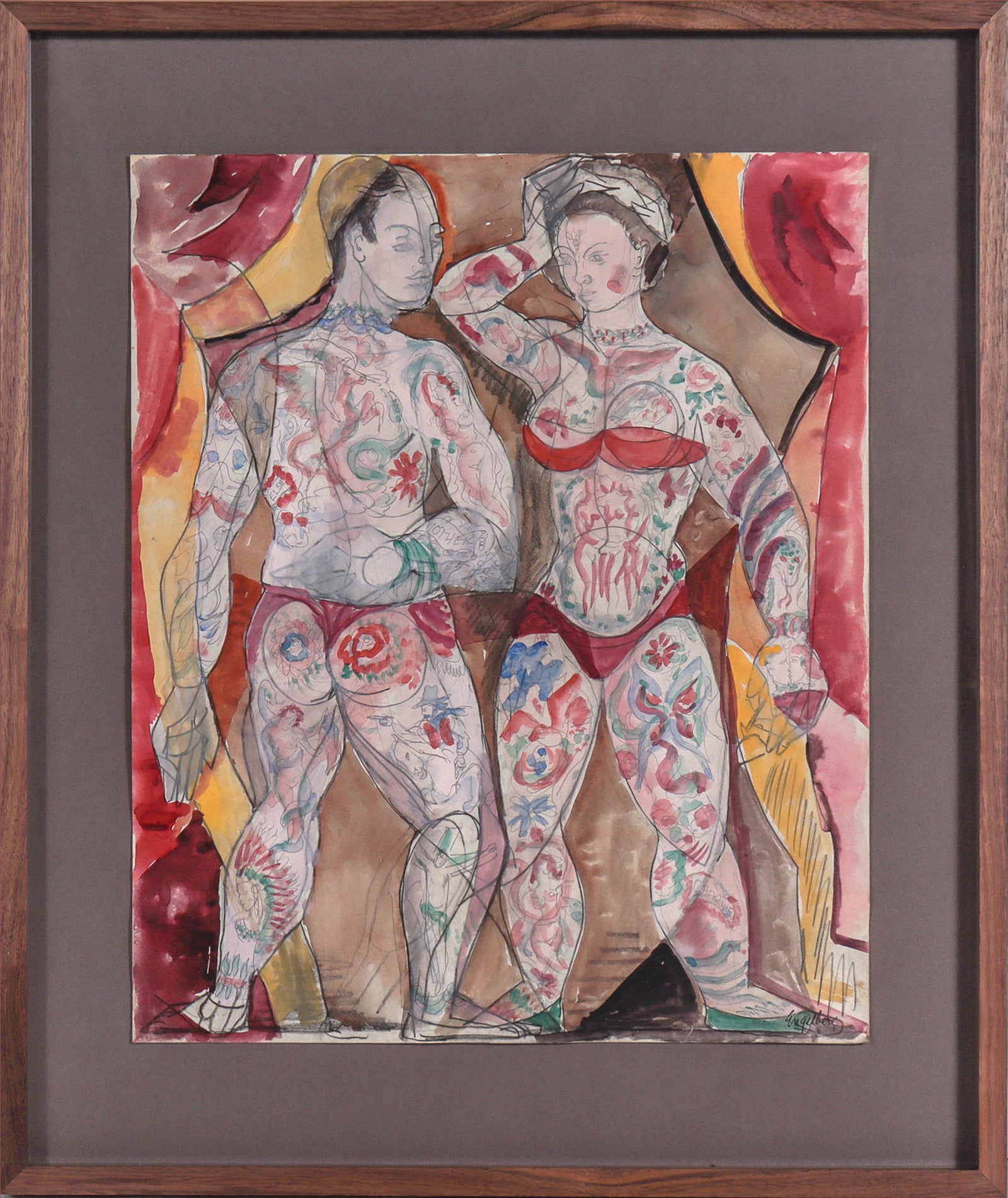 Tattooed Side Show Performers <br>1930's Watercolor and Graphite <br><br>#C7934