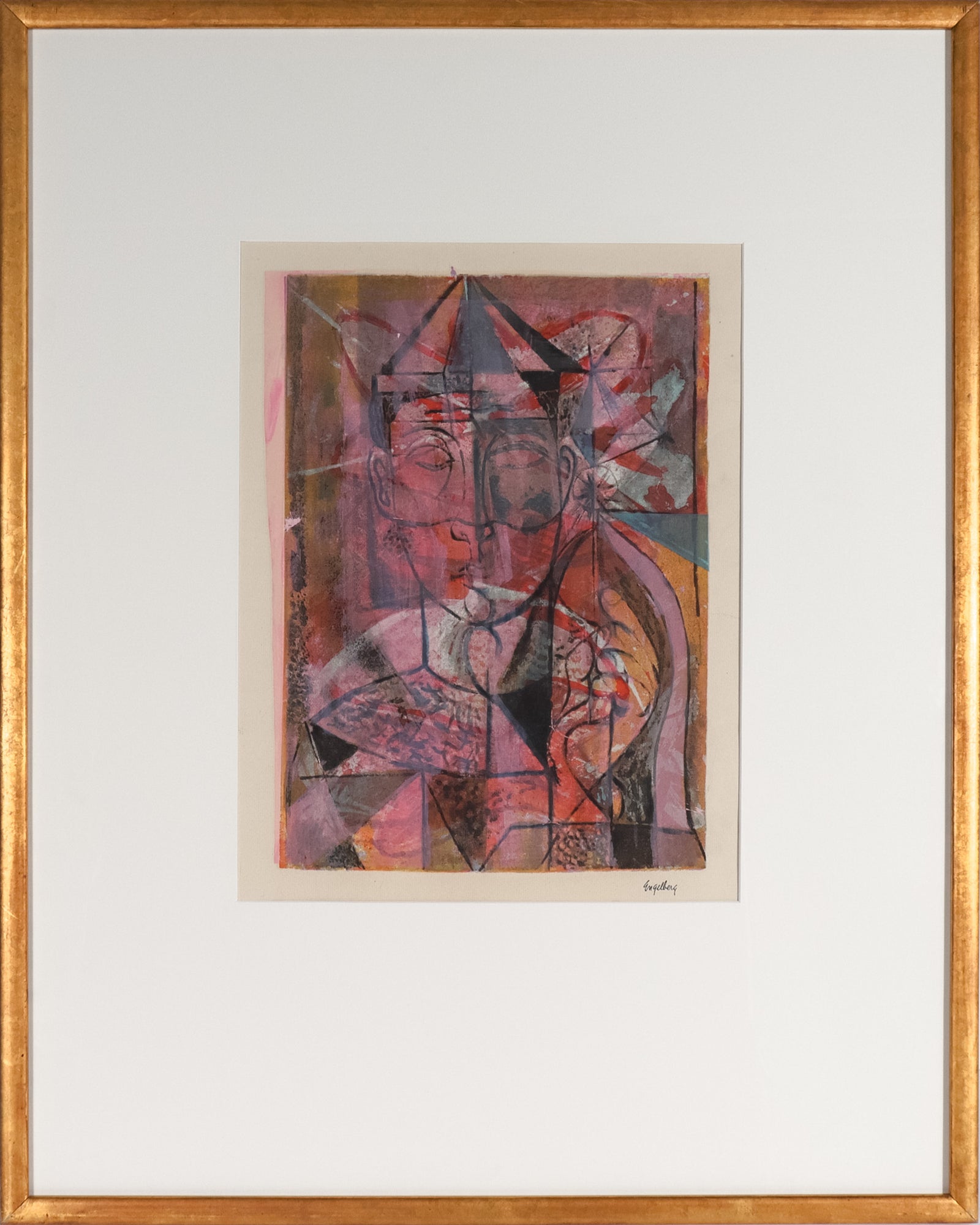 Pink Abstracted Geometric Harlequin <br>1930's Lithograph <br><br>#C7950