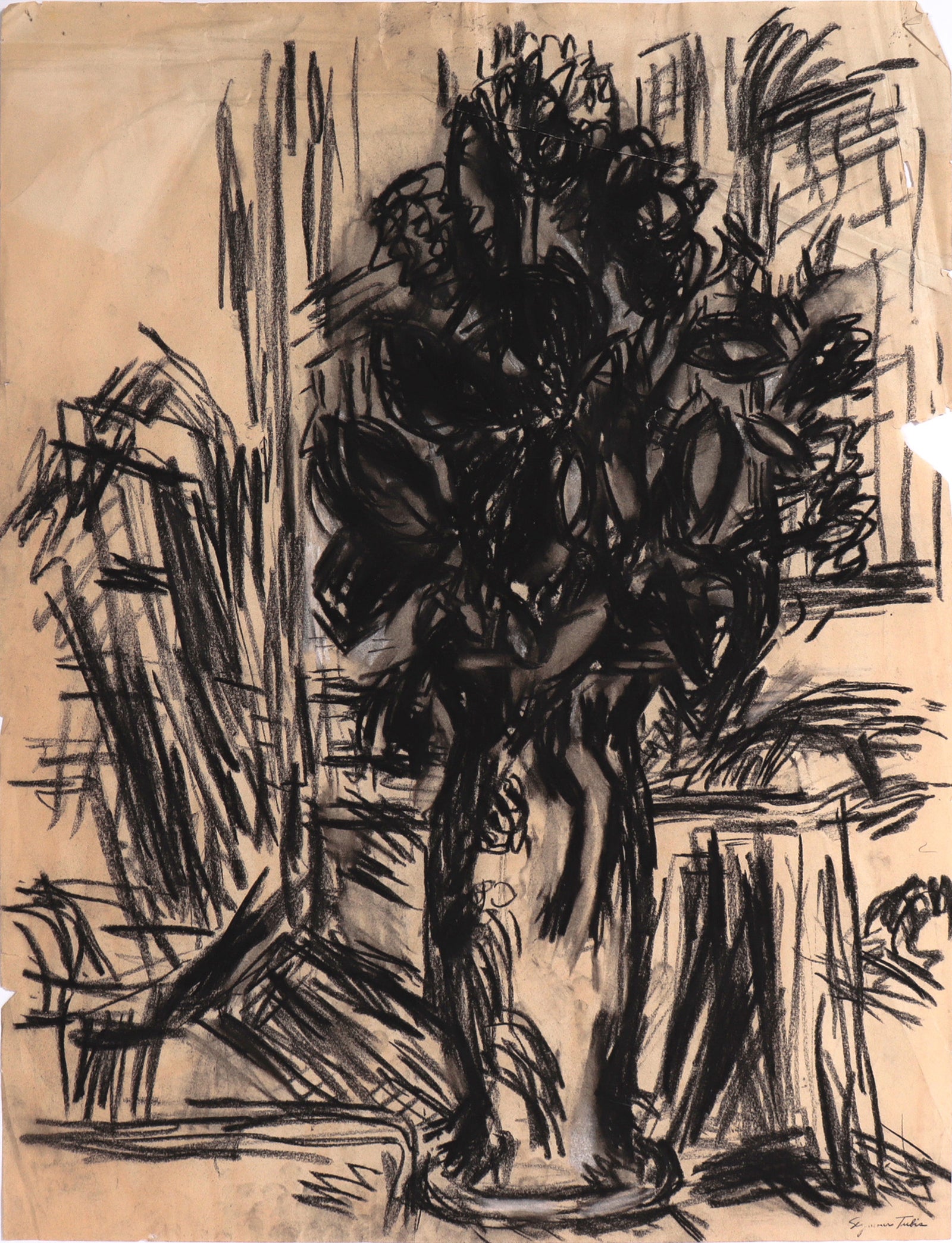 Bold Still Life With Vase of Flowers <br>Mid Century Charcoal <br><br>#C8124
