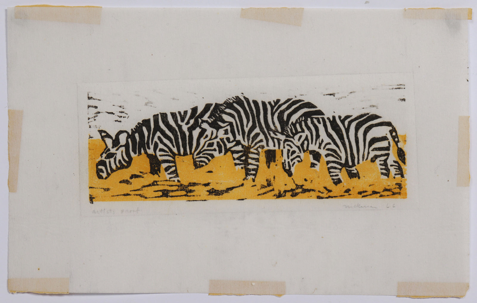 Zebras in a Line <br>1966 Woodblock <br><br>#C8761