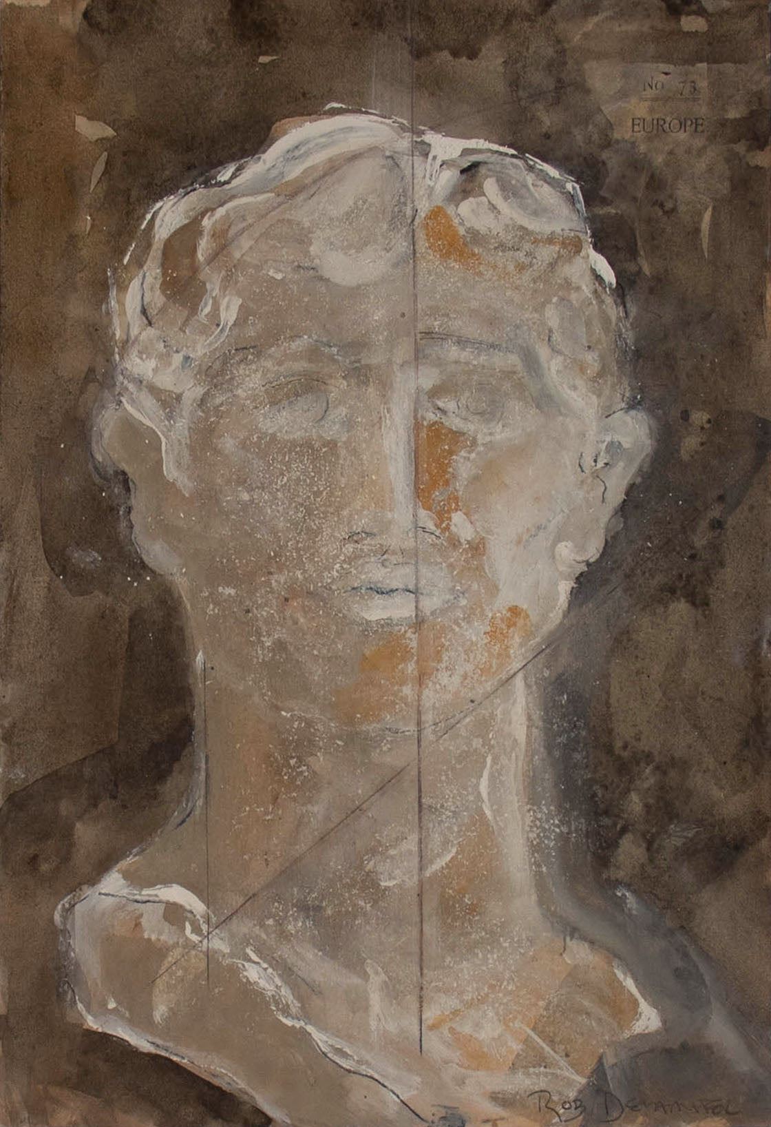 <i>Greco-Roman Bust II</i> <br>2025 Gouache & Mixed Media on Antique Paper <br><br>#C9168