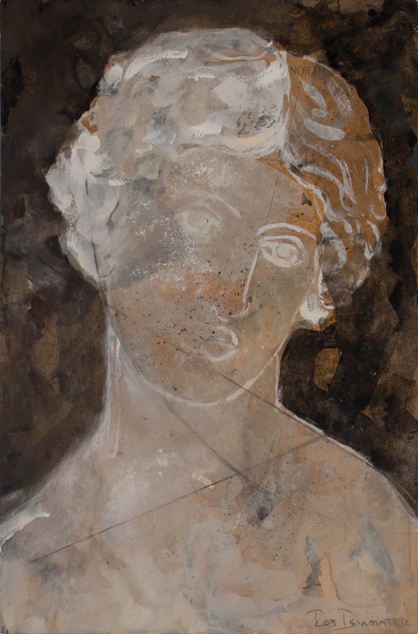 <i>Greco-Roman Bust IV</i> <br>2025 Gouache & Mixed Media on Antique Paper <br><br>#C9170