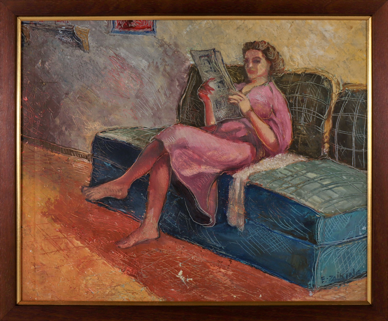 Woman Reading <br>1930-40s Oil <br><br>#D0353