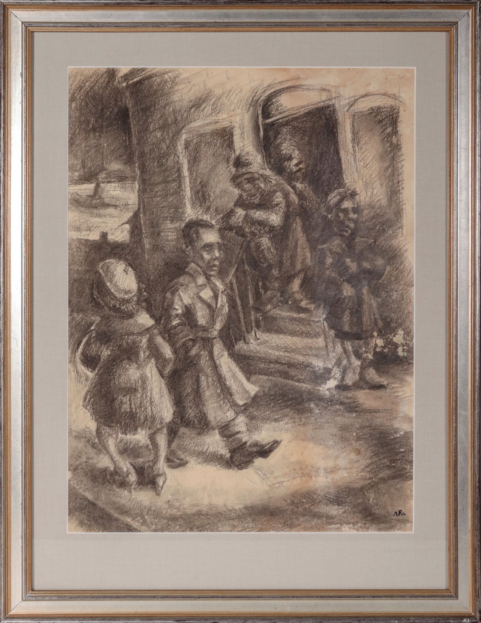 People on NYC Street <br>1930-40s Charcoal <br><br>#D0520