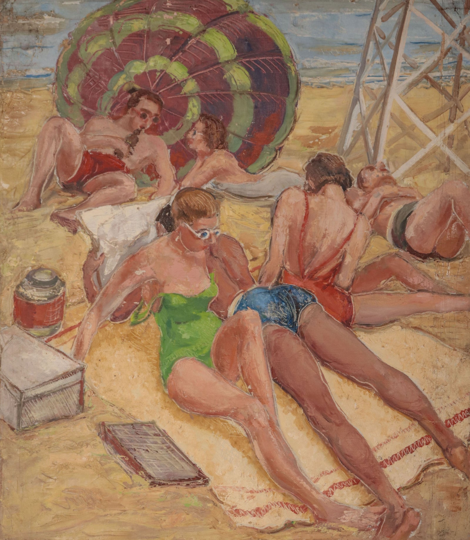 Day at the Beach, New York <br>1930-40s Oil <br><br>#D0542