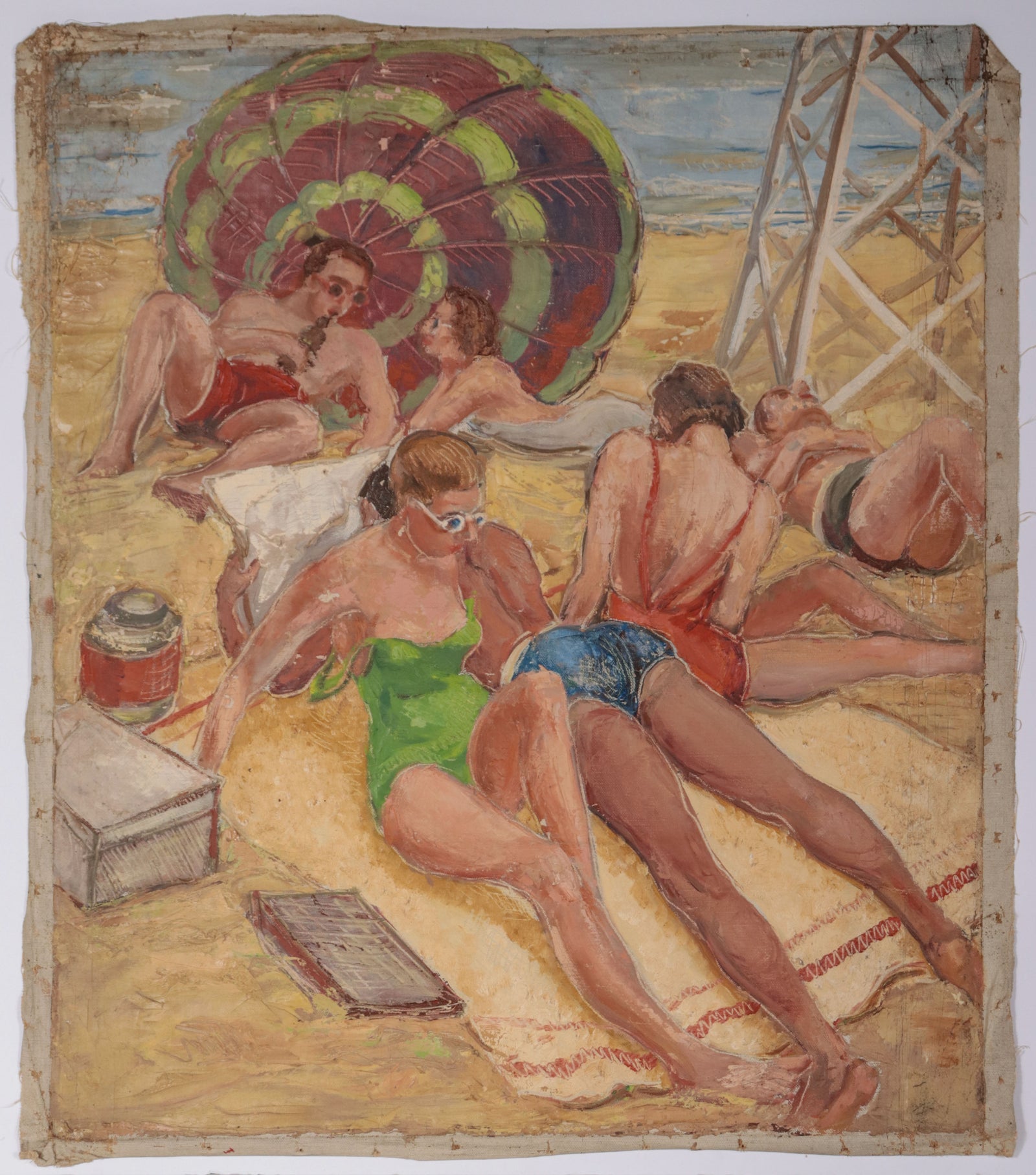 Day at the Beach, New York <br>1930-40s Oil <br><br>#D0542