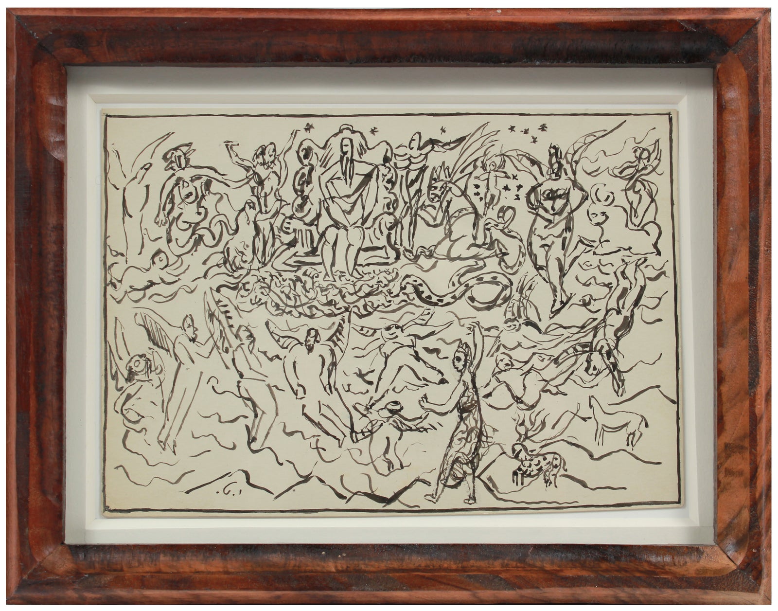 Expressionist Celestial Figurative Scene <br>Early 20th Century Ink <br><br>#11311