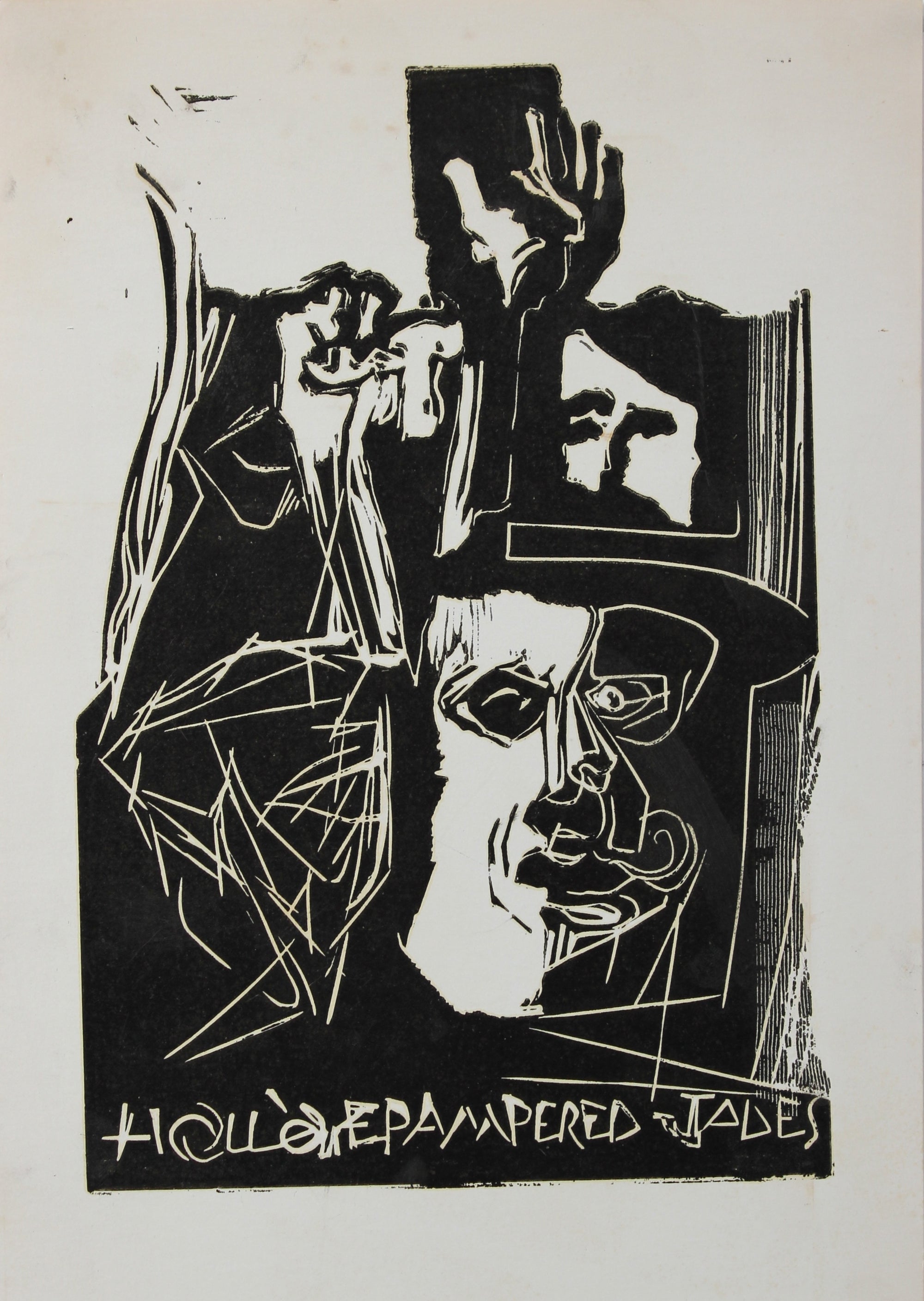 Abstracted Figure Scene <br>Woodcut, 1960s <br><br>#2192B