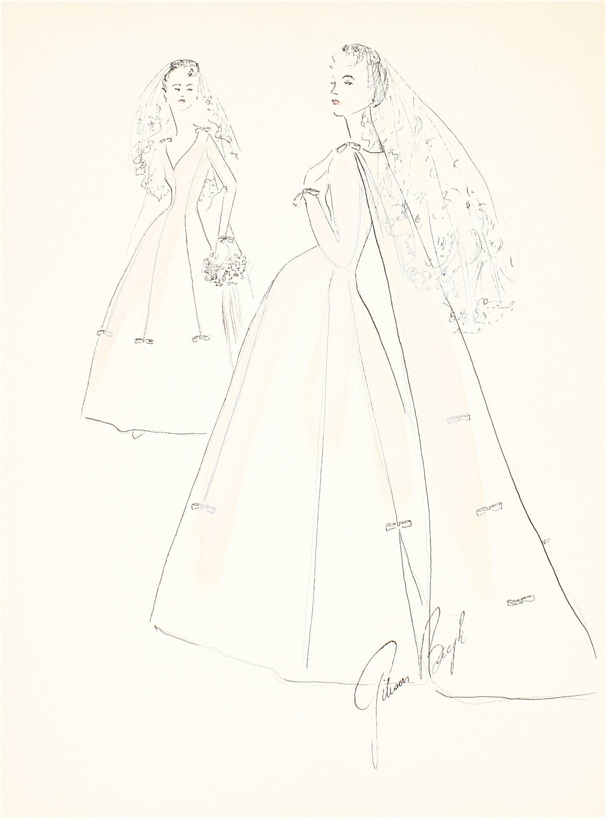 Wedding Dress with A Train and Veil&lt;br&gt; Gouache &amp; Ink Fashion Illustration&lt;br&gt;&lt;br&gt;#26532