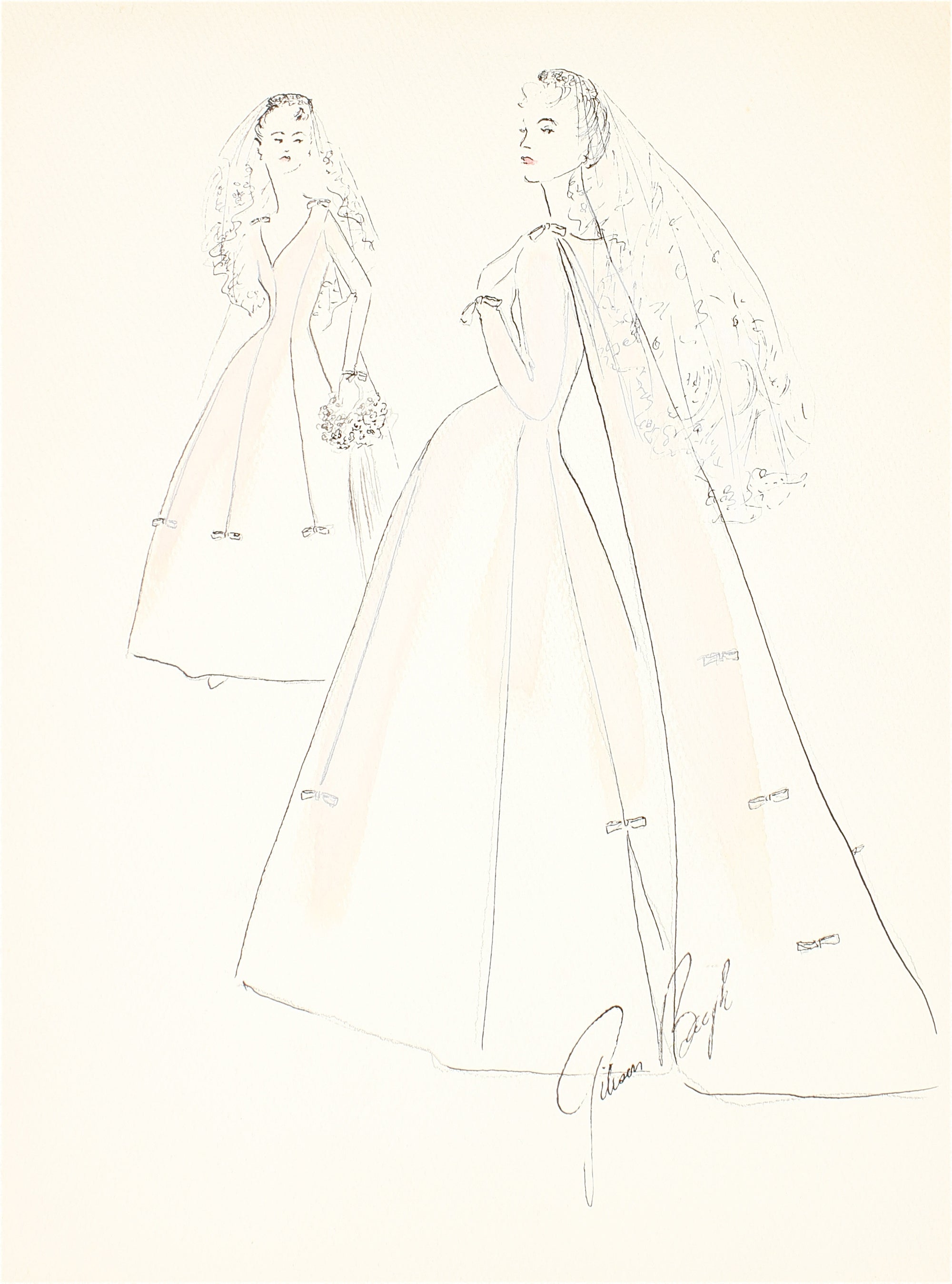 Wedding Dress with A Train and Veil<br> Gouache & Ink Fashion Illustration<br><br>#26532