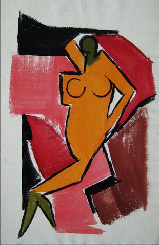 Cubist Nude Figure<br>Acrylic Watercolor, 1930-50s<br><br>#16322