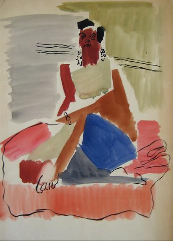 Colorful Seated Figure<br>Acrylic Watercolor, 1930-50s<br><br>#16321