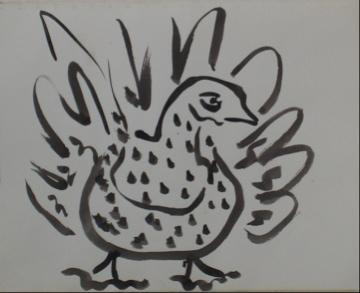 Monochromatic Drawing of A Turkey<br>1960s Ink Wash on Paper<br><br>#9984