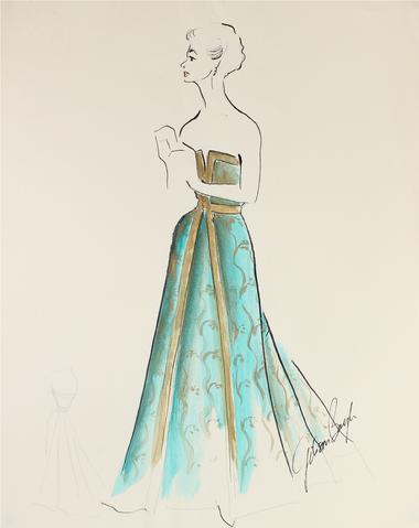 Gown in Turqouise & Gold<br> Gouache & Ink Fashion Illustration<br><br>#26953