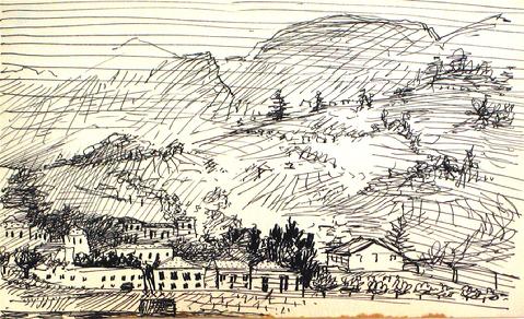 1940-60s Hillside Drawing&lt;br&gt;Ink on Paper&lt;br&gt;&lt;br&gt;#10397
