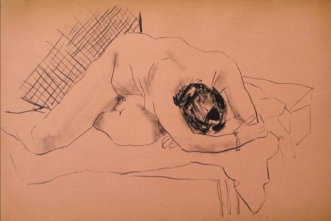 Hunched Female Nude <br>1930-50s Ink Wash <br><br>#15944