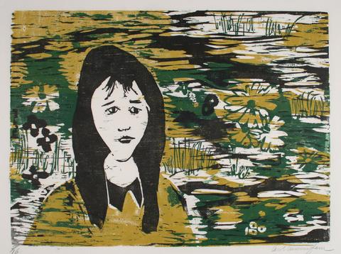 Portrait Of A Woman With Flowers<br>1960-70s Woodcut<br><br>#71285