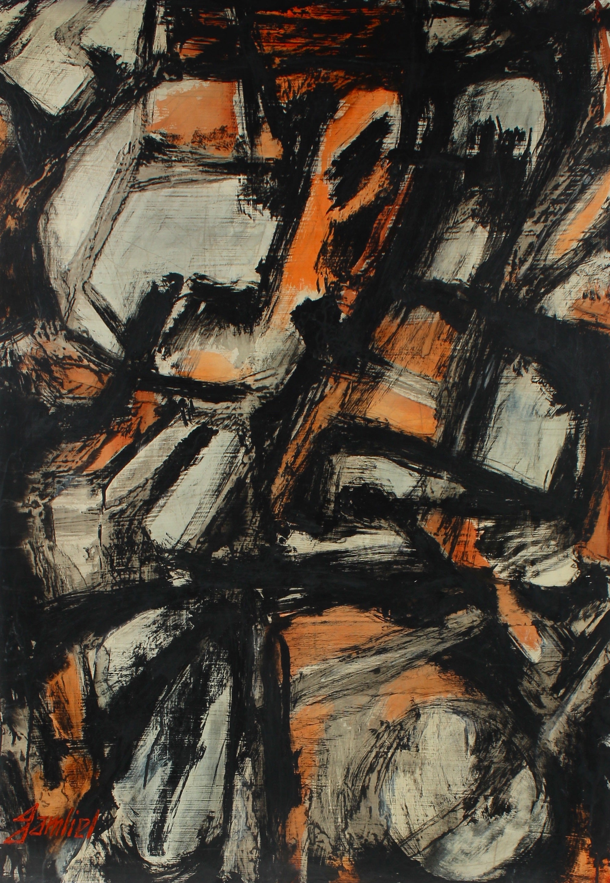 Orange & Black Abstract Expressionist Paint on Masonite<br><br>#95840