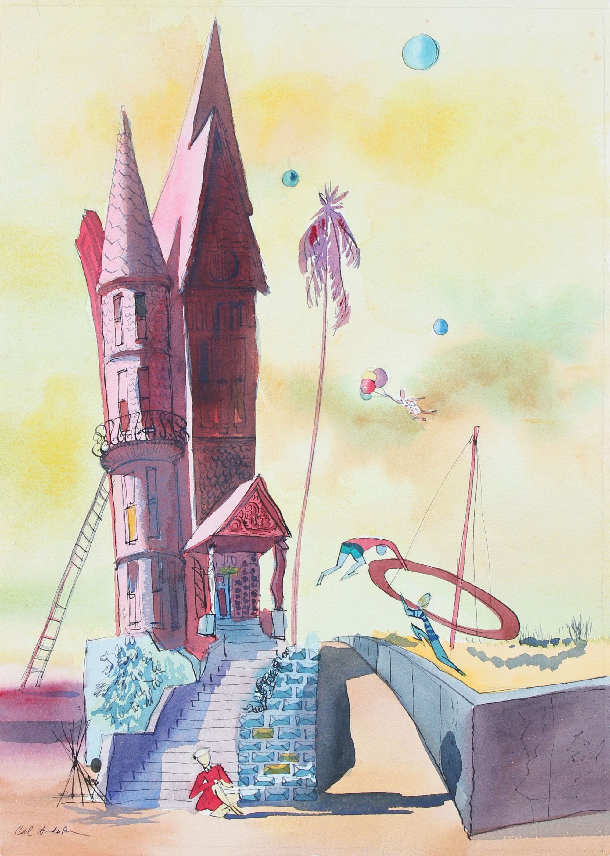 Colorful Surrealist Scene<br>Mid 20th Century Watercolor and Ink<br><br>#97571
