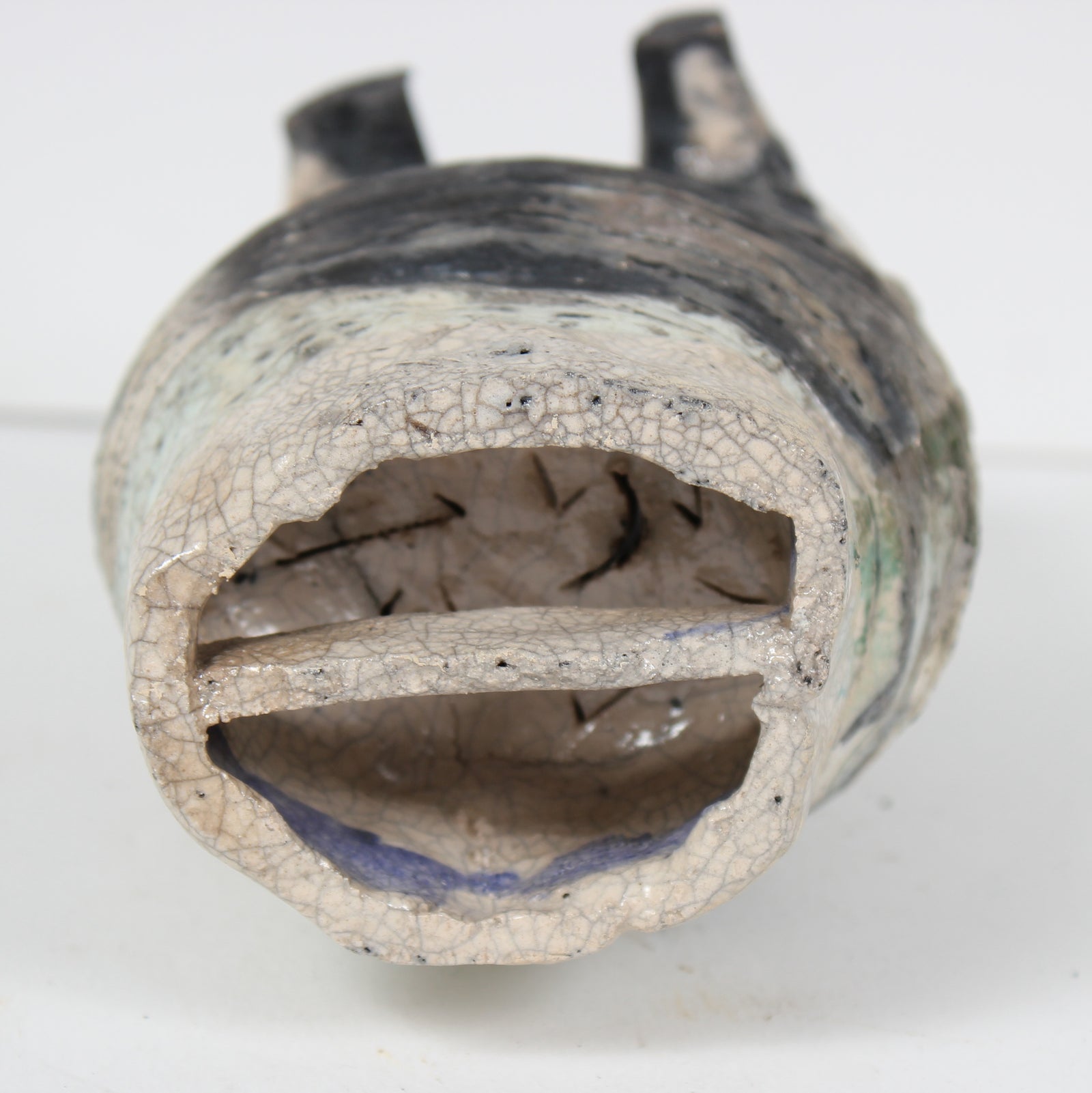 Pale Black, White, Green Ceramic Vessel <br><br>#98419