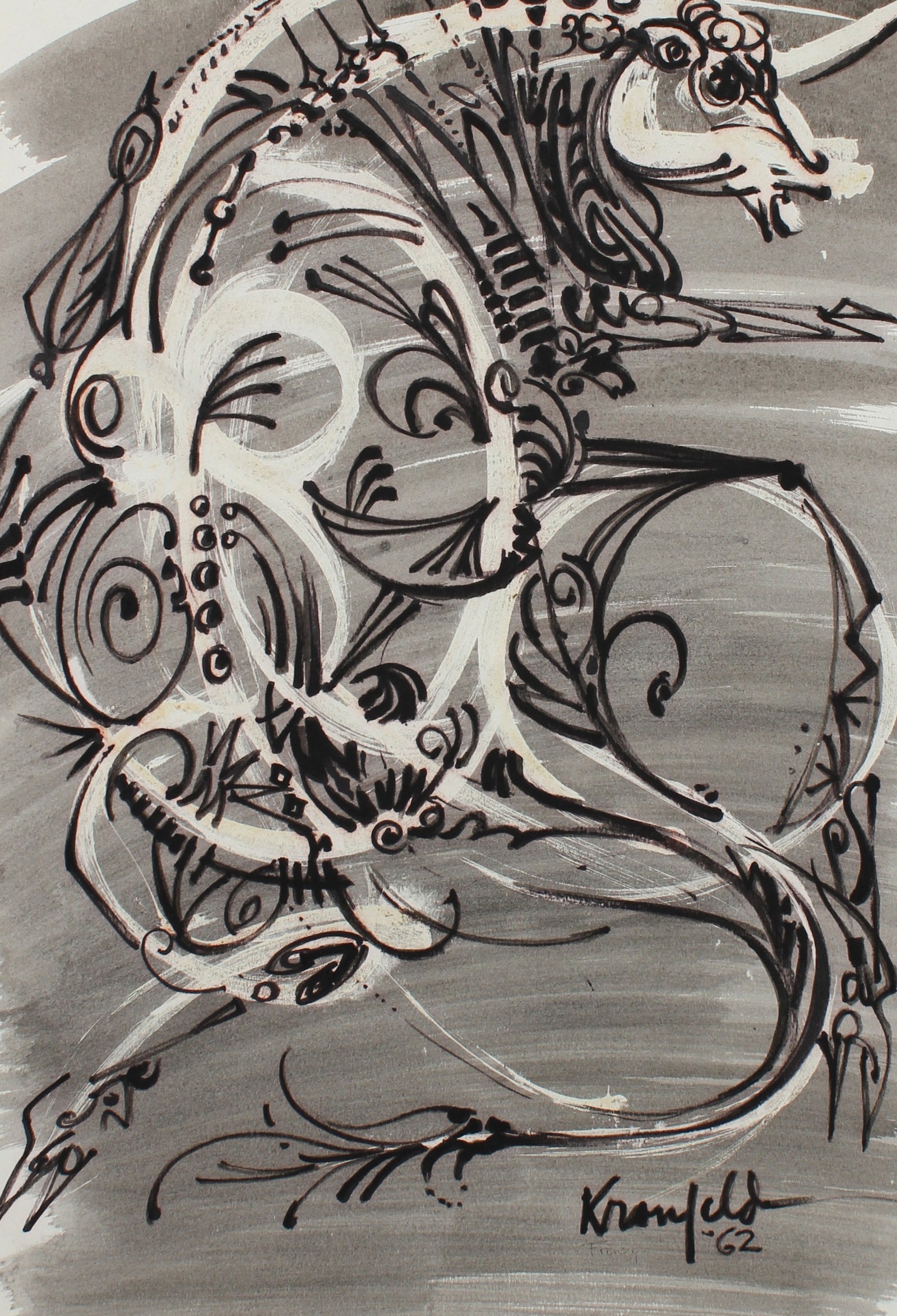 Decorative Surreal Bull Drawing <br>1964 Ink & Gouache <br><br>#99520