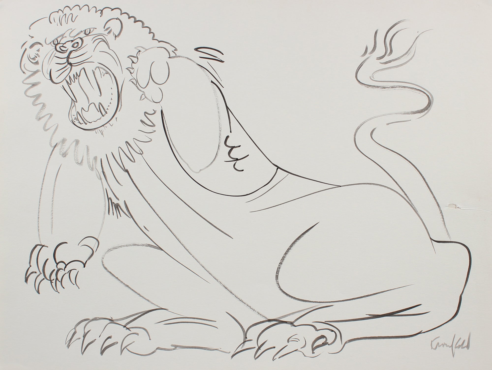 Calligraphic Lion Drawing <br>1980s Ink <br><br>#99524