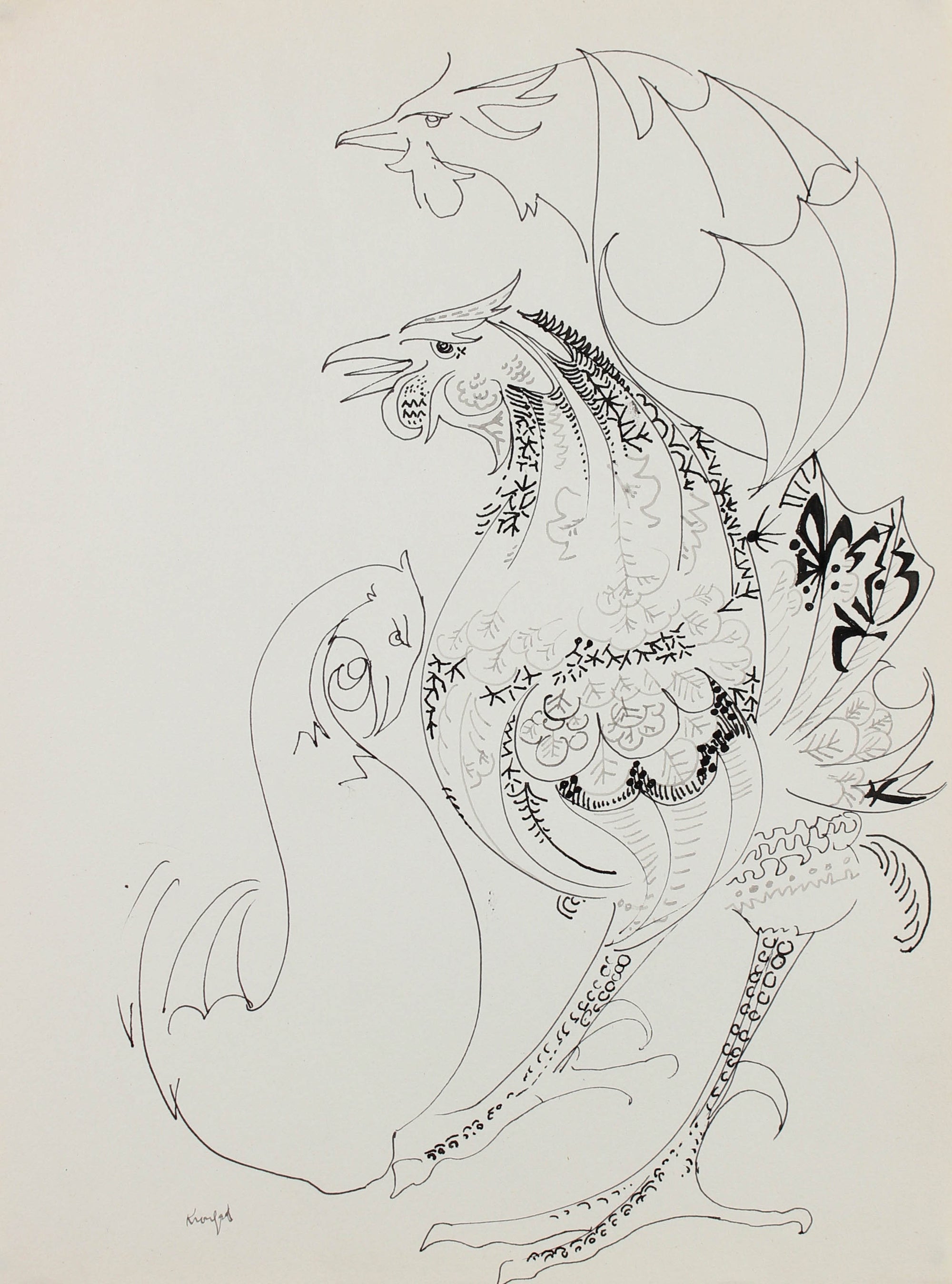 Decorative Bird Trio  <br>1960-80s Ink<br><br>#99562