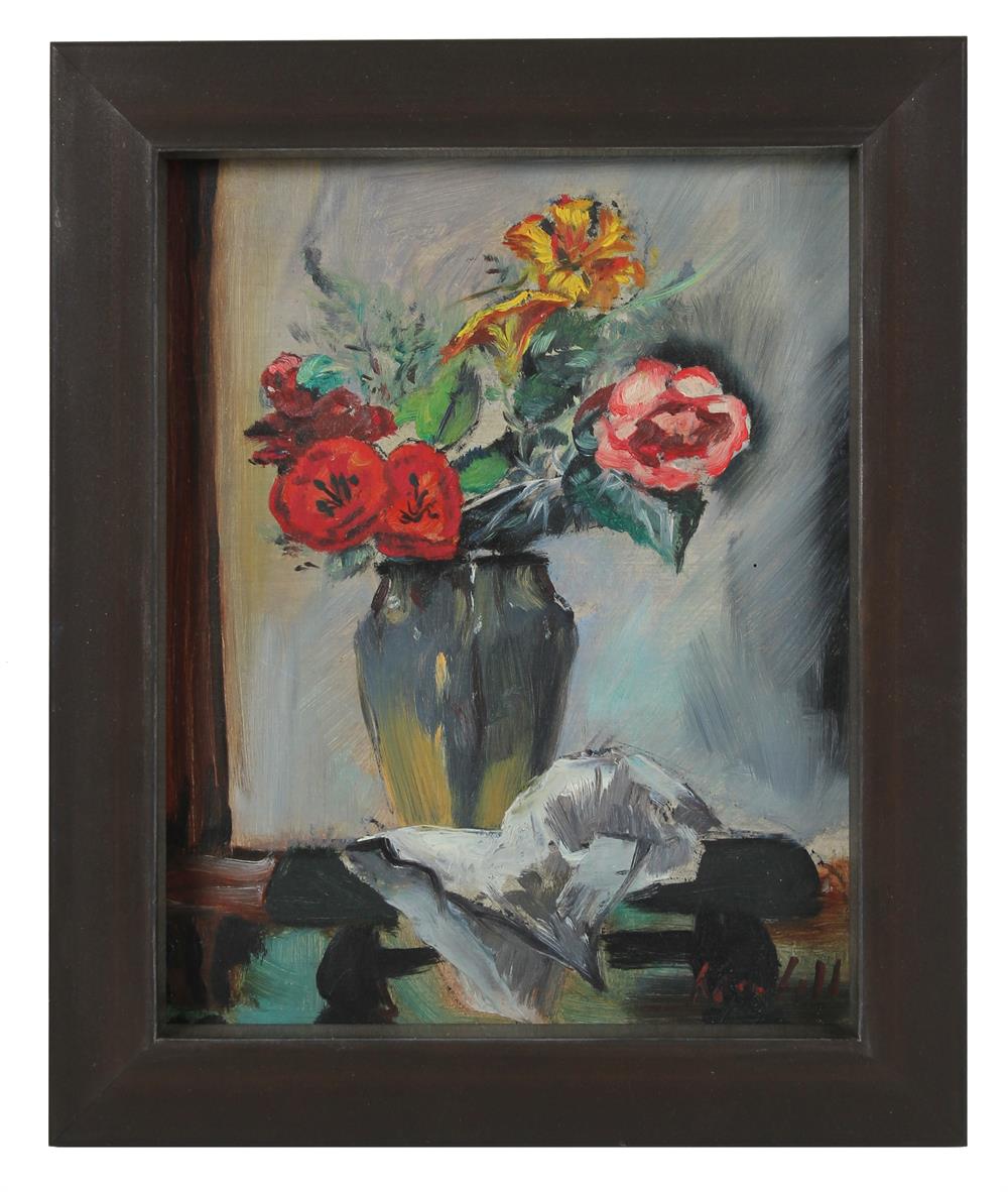 Abstracted Flowers in Vase<br>Mid Century Oil<br><br>#A0582