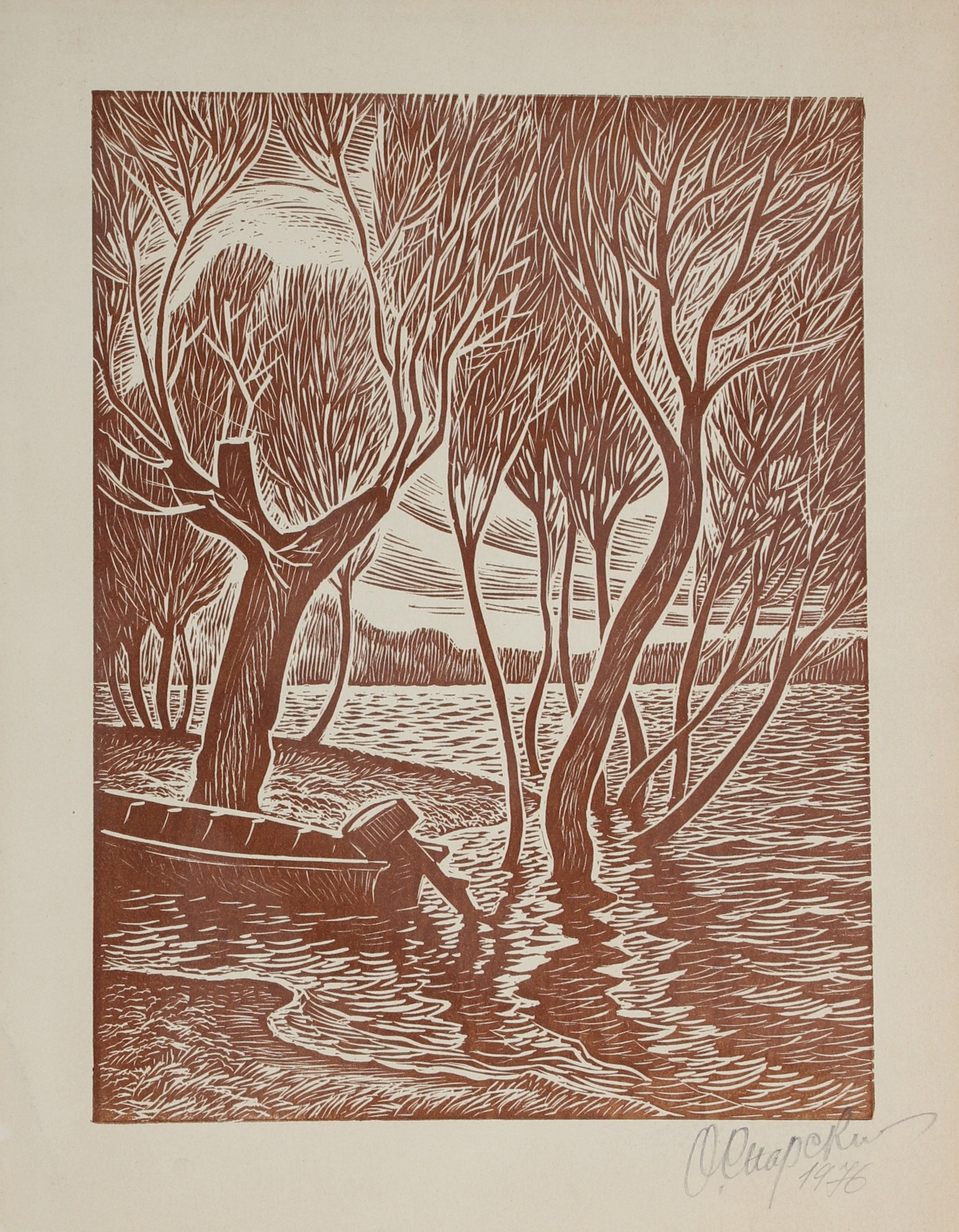 Boat & Trees on the River Bank<br>1976 Linoleum Block<br>O. Starskiy<br><br>#A3006