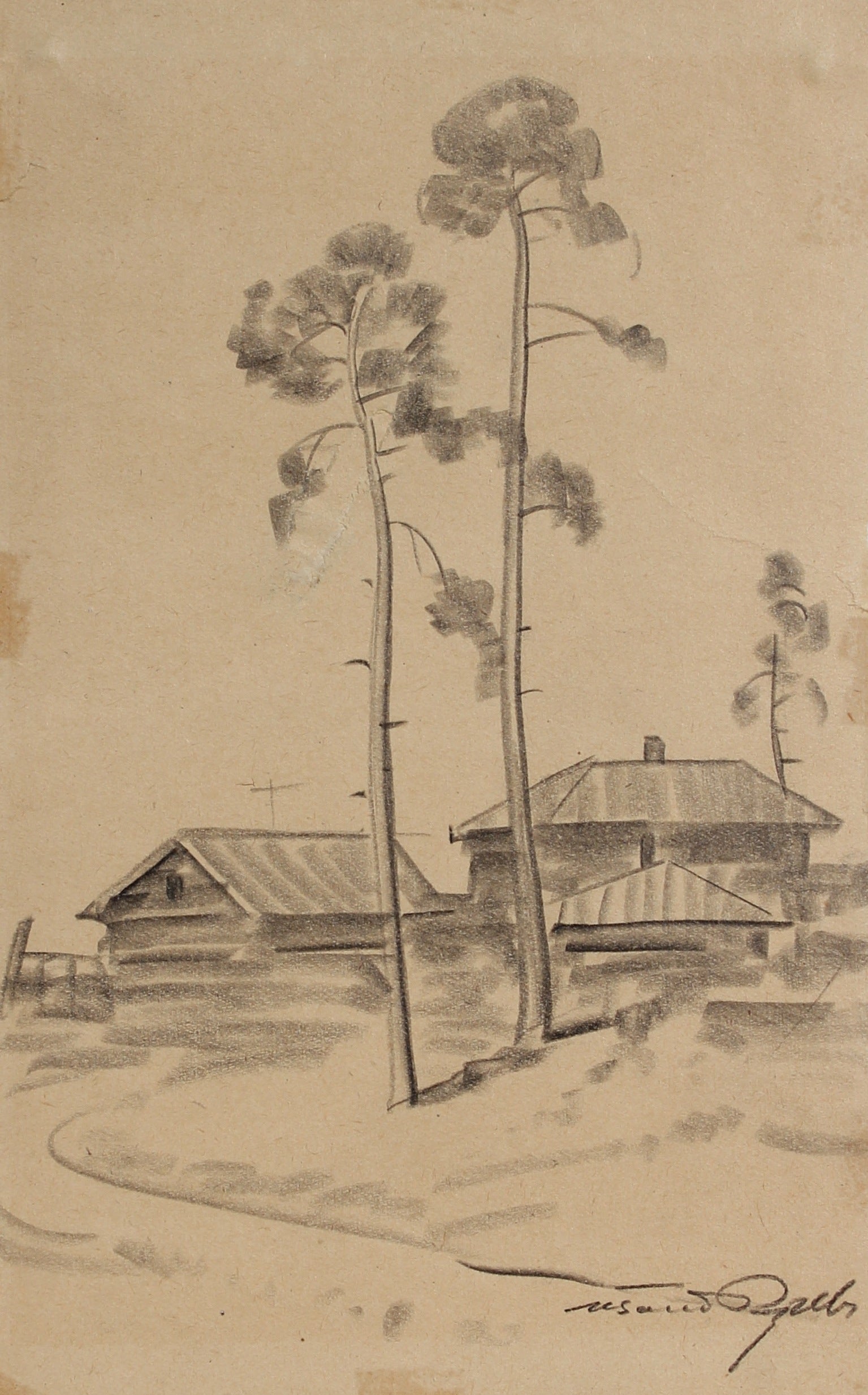 Monochrome Trees & Buildings<br>1978 Charcoal<br>Signed<br><br>#A3010