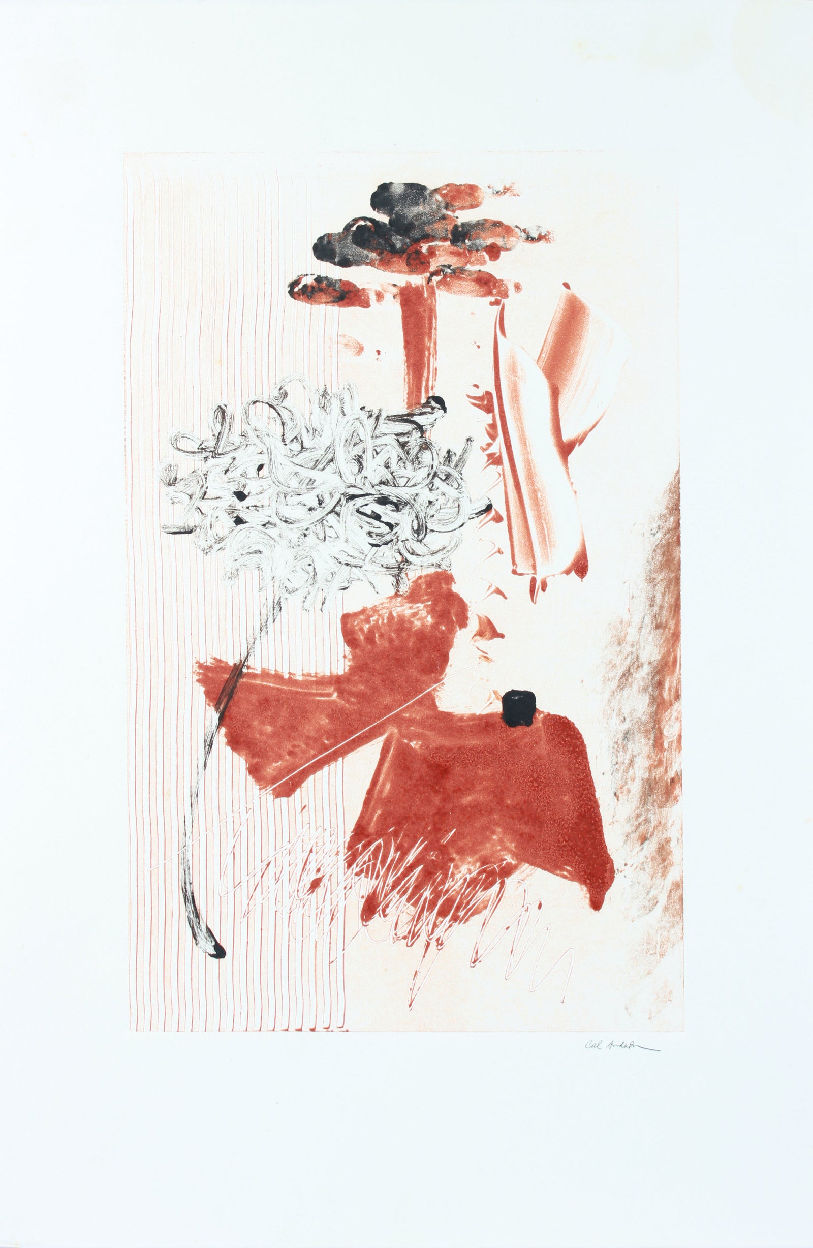 Pale Red Gestural Abstract <br>20th Century Monotype <br><br>#A7638