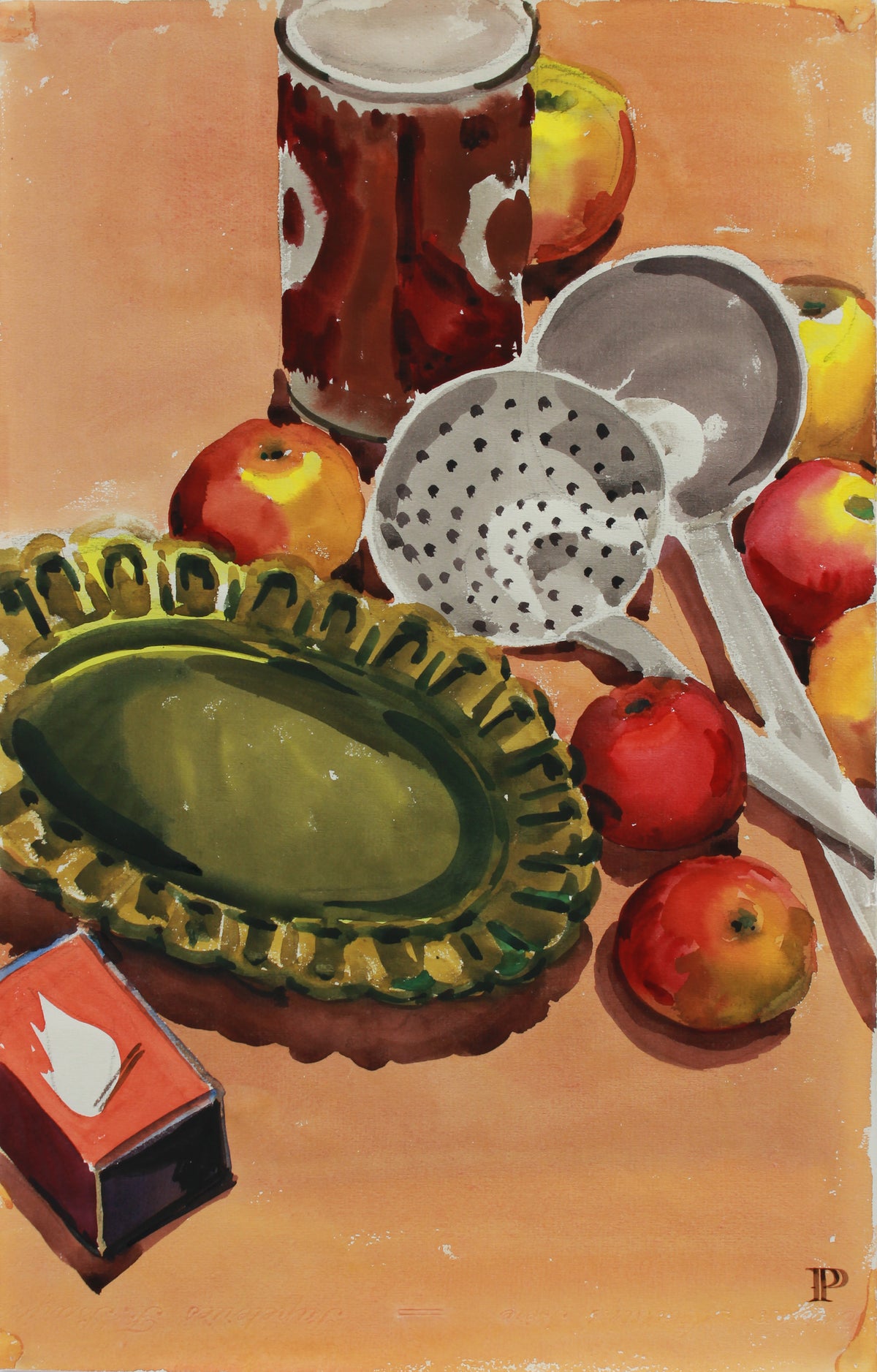 Vintage Still Life with Apples &amp; Ladle &lt;br&gt;Mid Century Watercolor &amp; Graphite &lt;br&gt;&lt;br&gt;#A9378