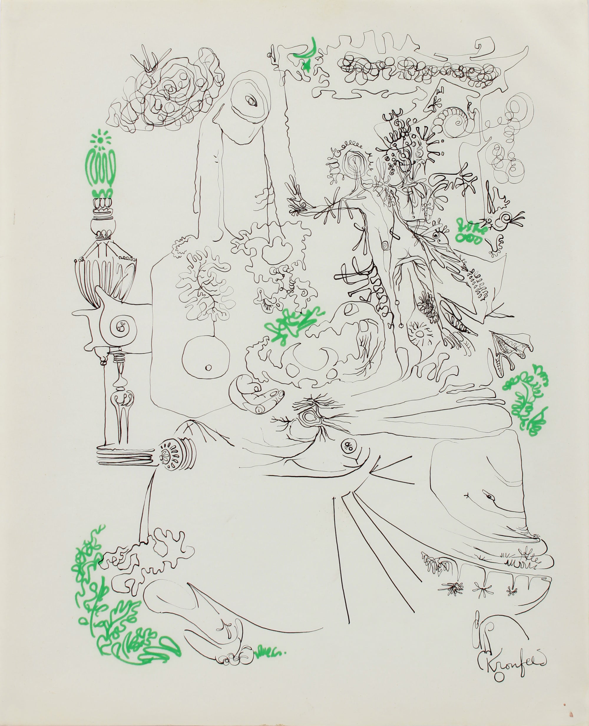 Fantastical Drawing with Green <br>1960-80s Ink and Graphite <br><br>#A9687