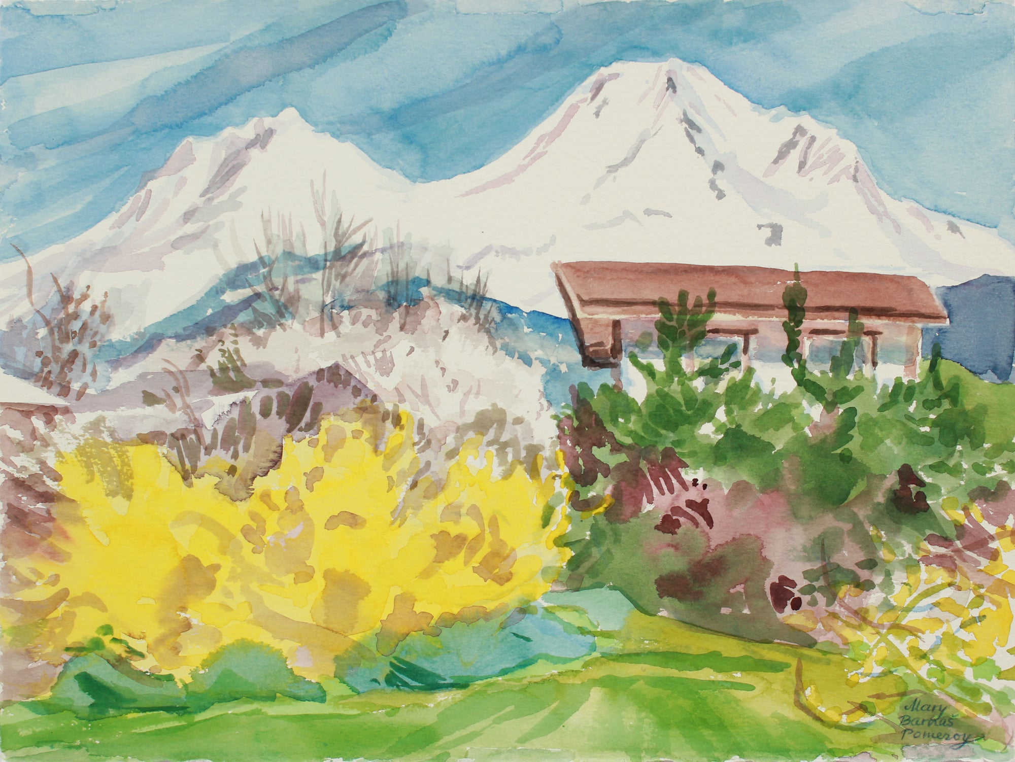 <i>Mt. Shastina (left) and Mt. Shasta (right)</i> <br> April 30, 1999 Watercolor <br><br>A9958