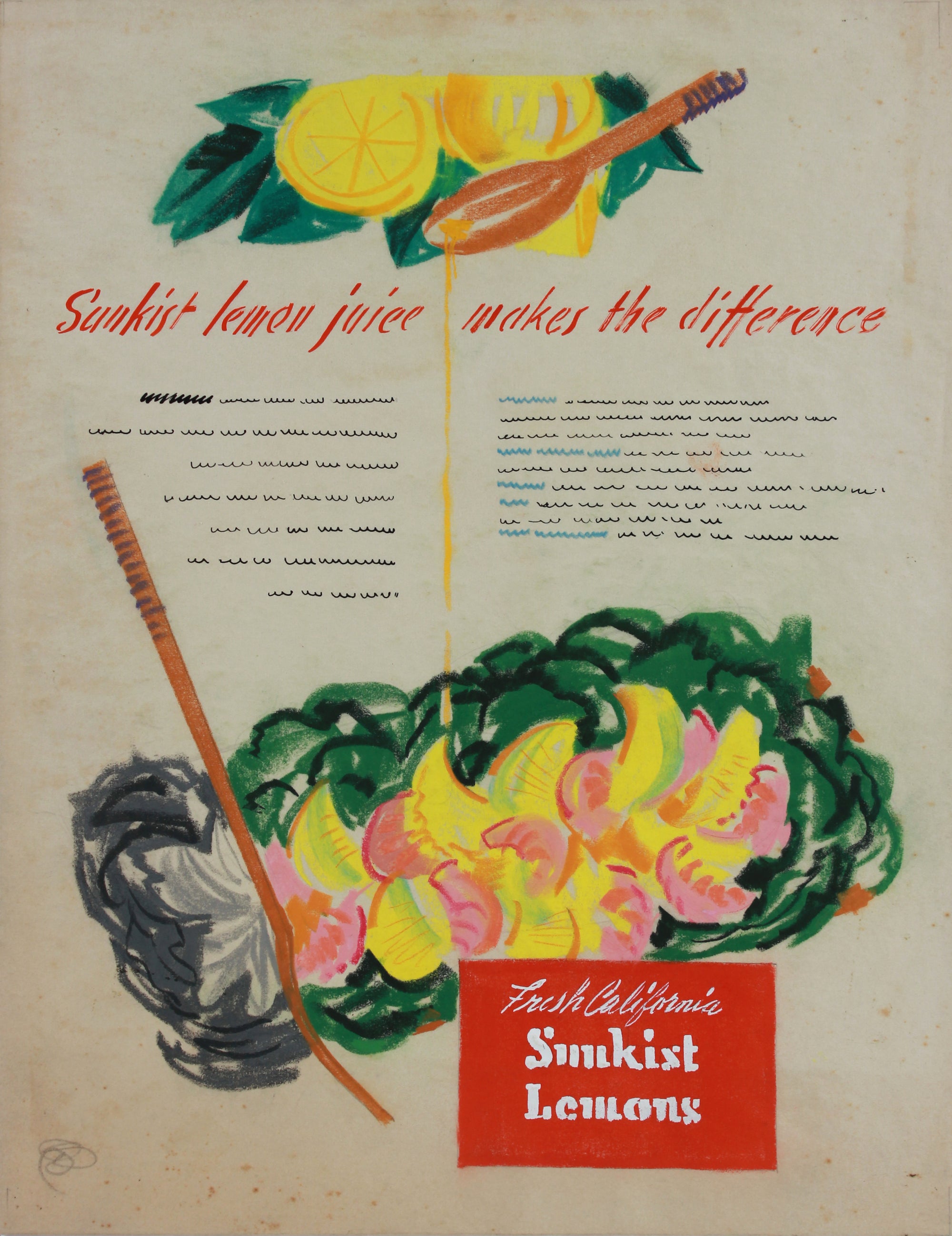 Vintage Sunkist Lemons Advertising <br>1950-60s Pastel, Ink and Gouache <br><br>#B0104