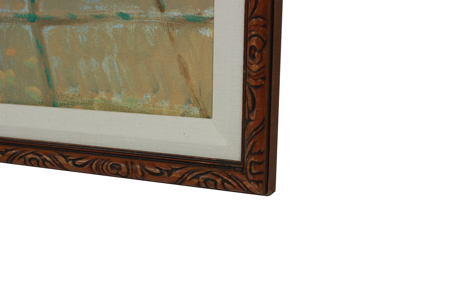 Patio Scene with Blue Benches <br>Mid-Late 20th Century Oil <br><br>#B0694