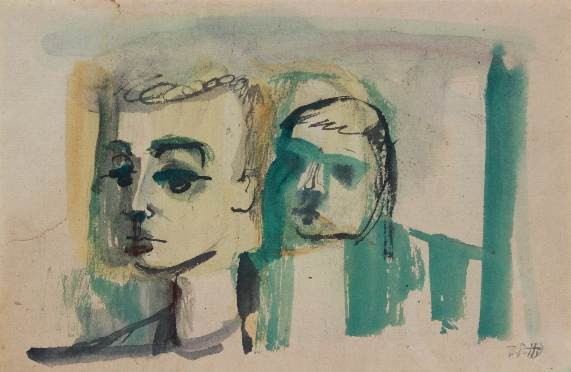 Abstracted Man & Child <br>1940-60s Gouache & Ink <br><br>#B0762